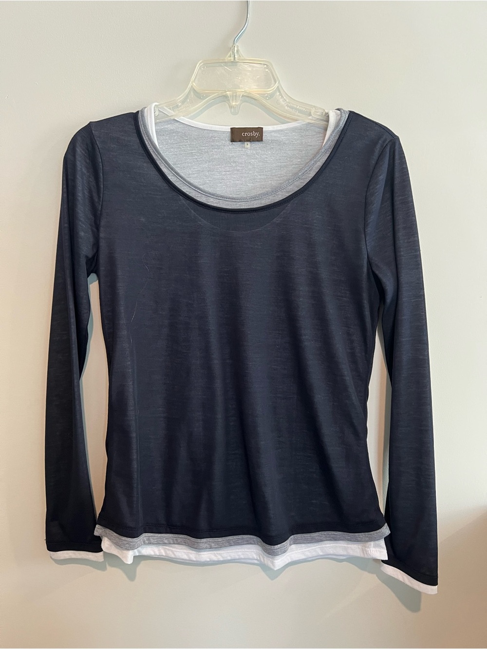 crosby. Navy Layered-Look Long Sleeve Top with White Trim
